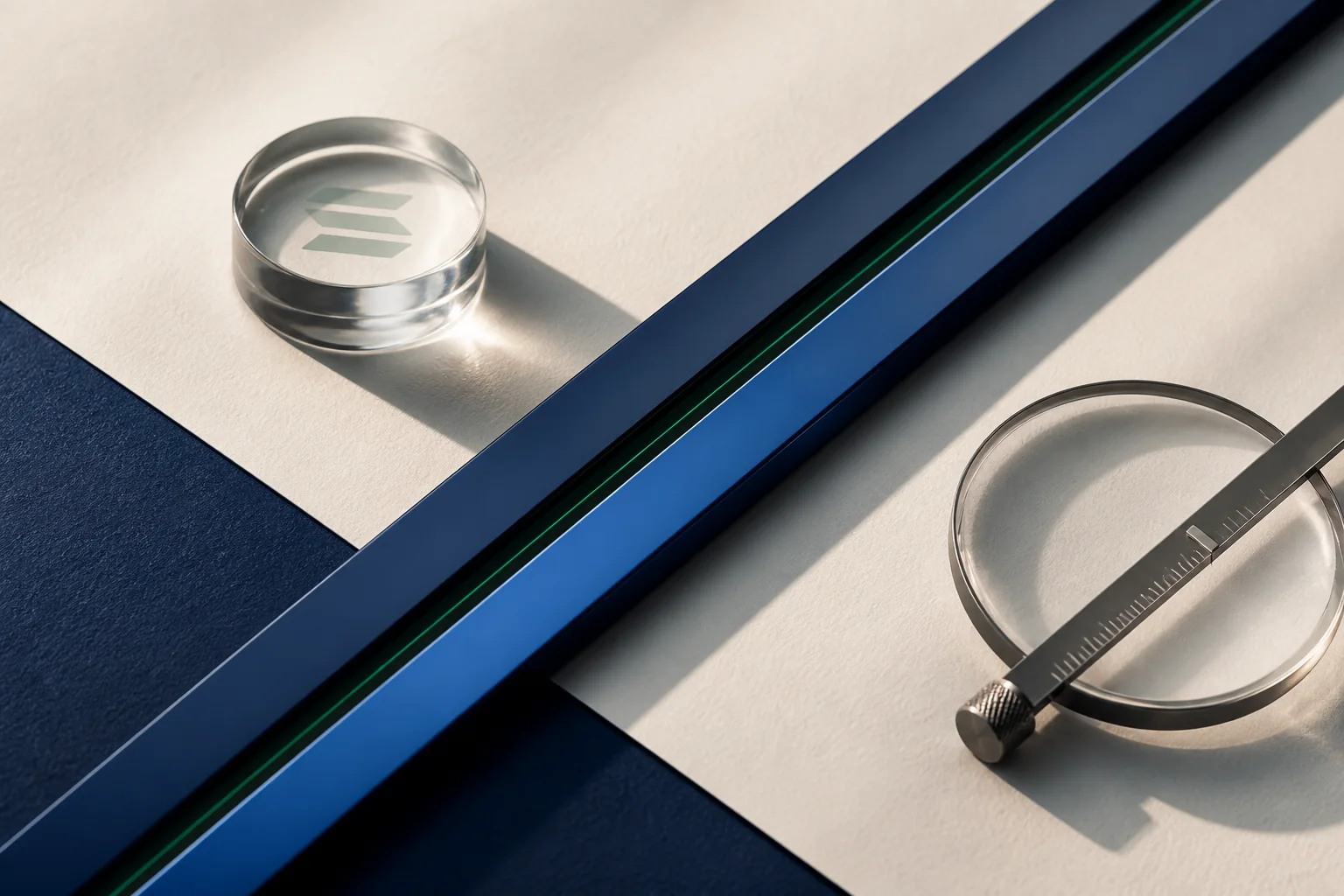 Two narrow pricing rails beside a transparent commission token and measuring tool