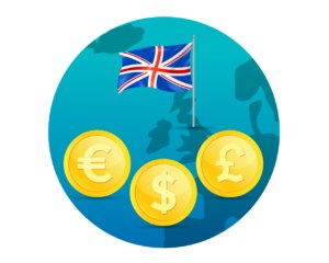 uk map and flag with currencies